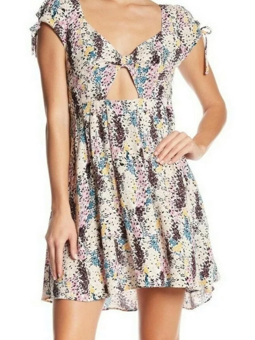 Free People Cream Floral Tie-Front Mini Dress with Pink, Blue & Yellow Accents